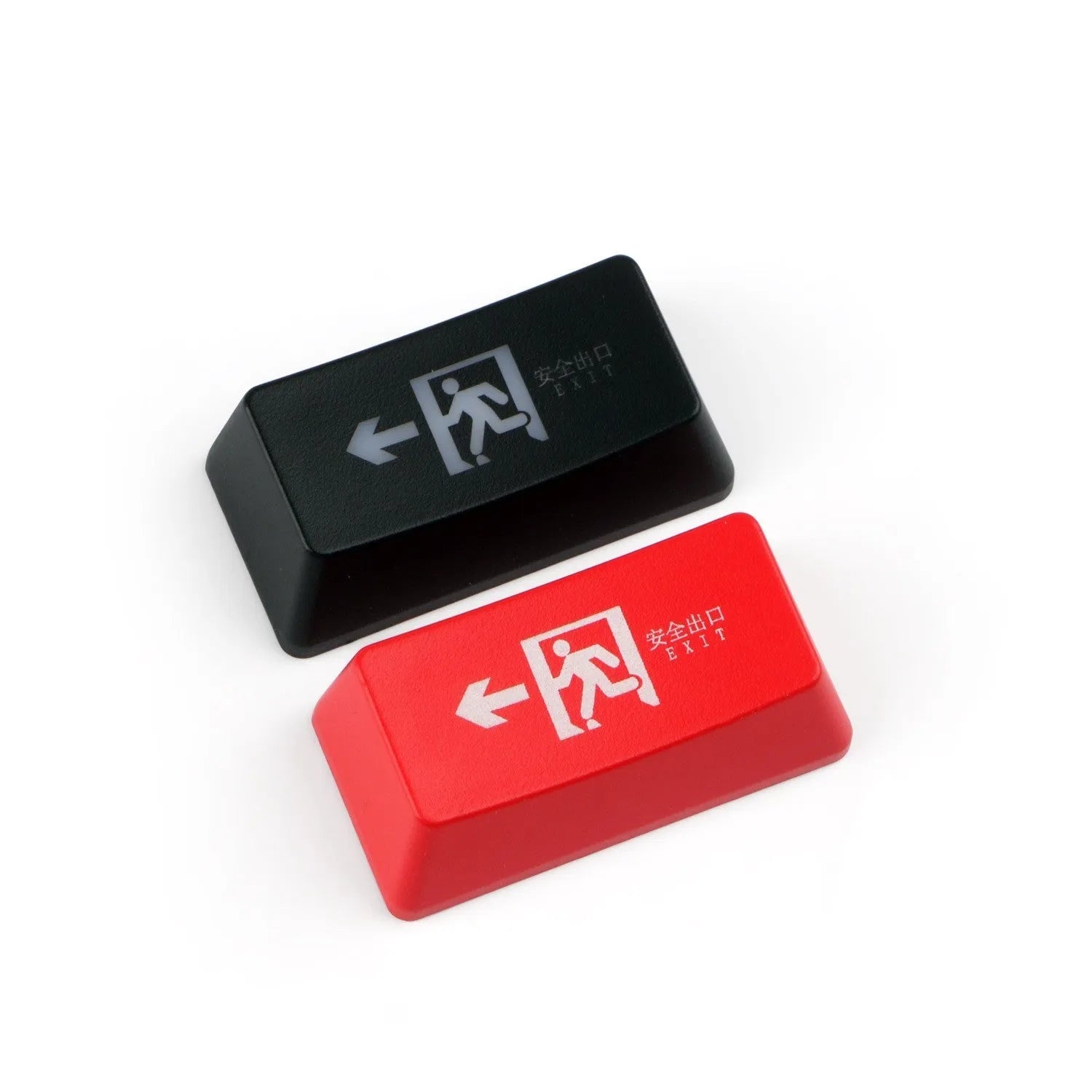 Red safety evacuation exit key cap on a keyboard, backspace style