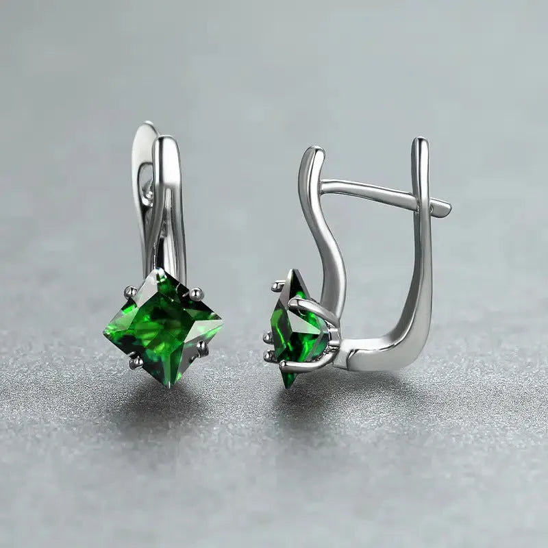 Women's copper earrings with inlaid zircon diamond design in blue, green and colour options