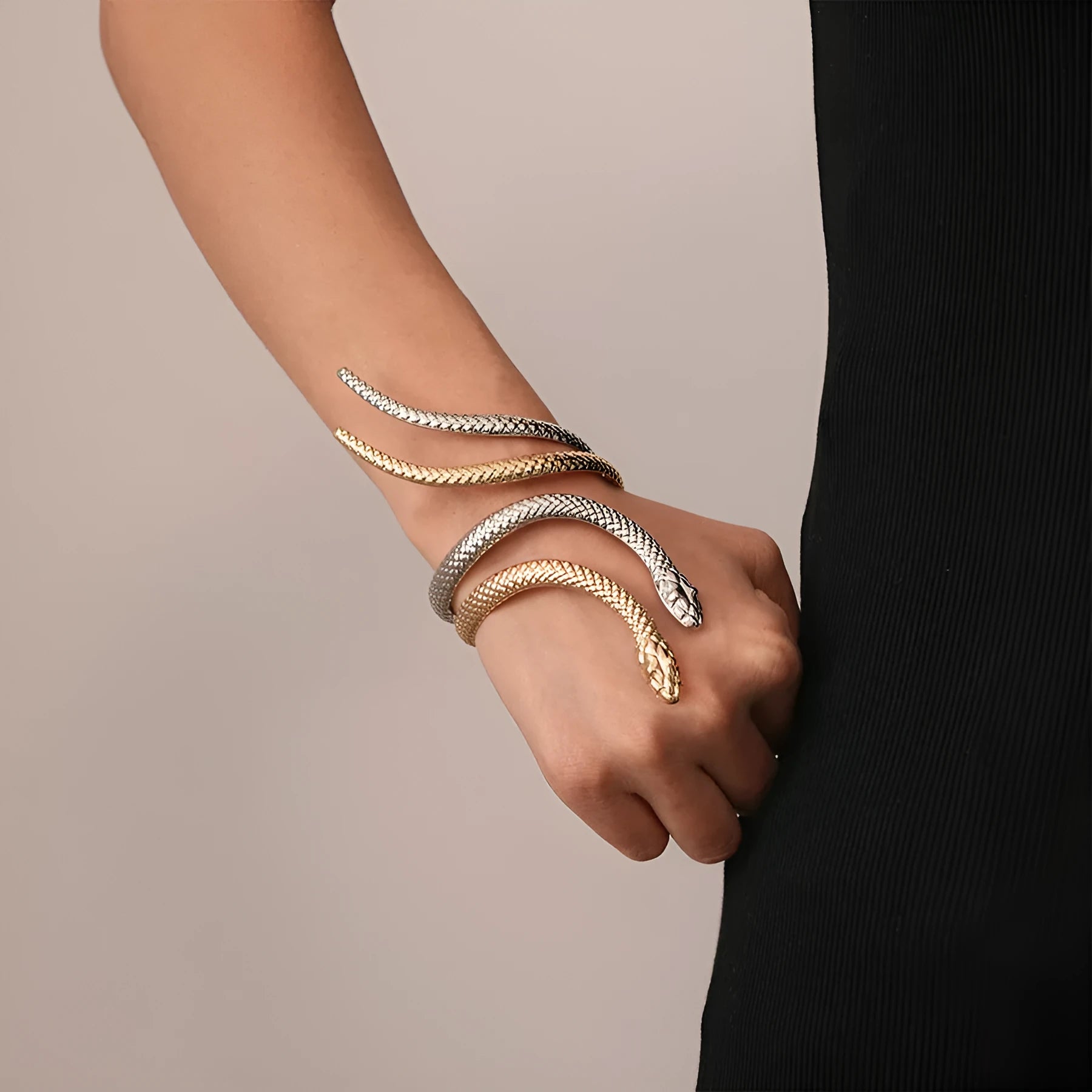 Exaggerated twisted winding snake design ring and bracelet jewellery set in gold or silver electroplated finish
