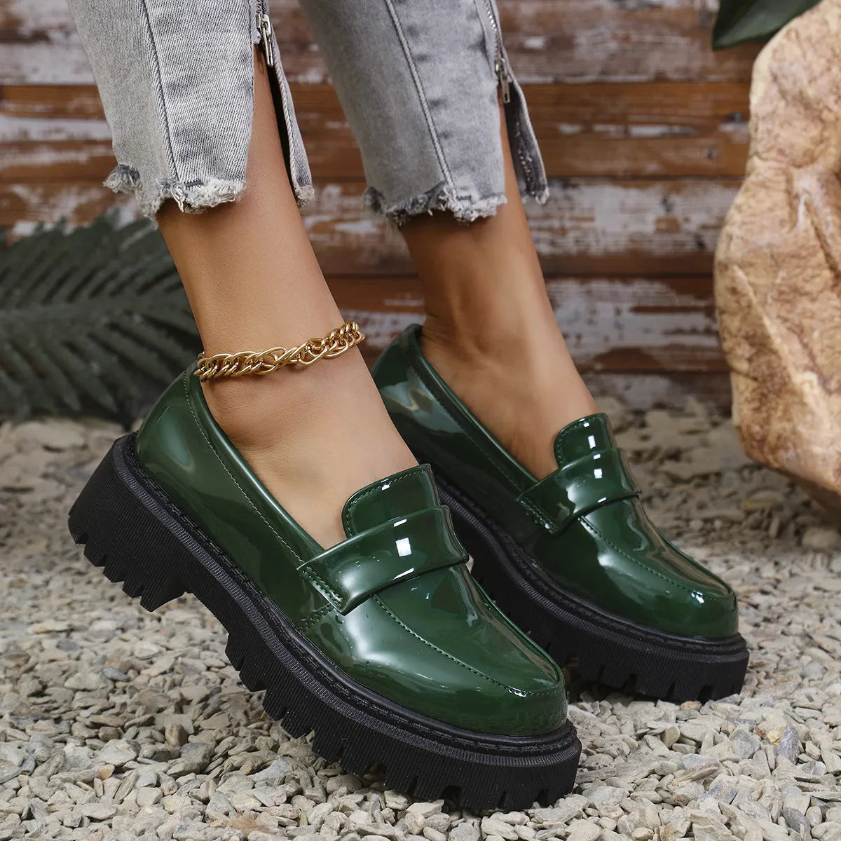 Plus size chunky heel loafers in black, wine red and green colours showing platform sole