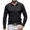 Men's dark grey long sleeve polo collar t-shirt in American retro style laid flat.