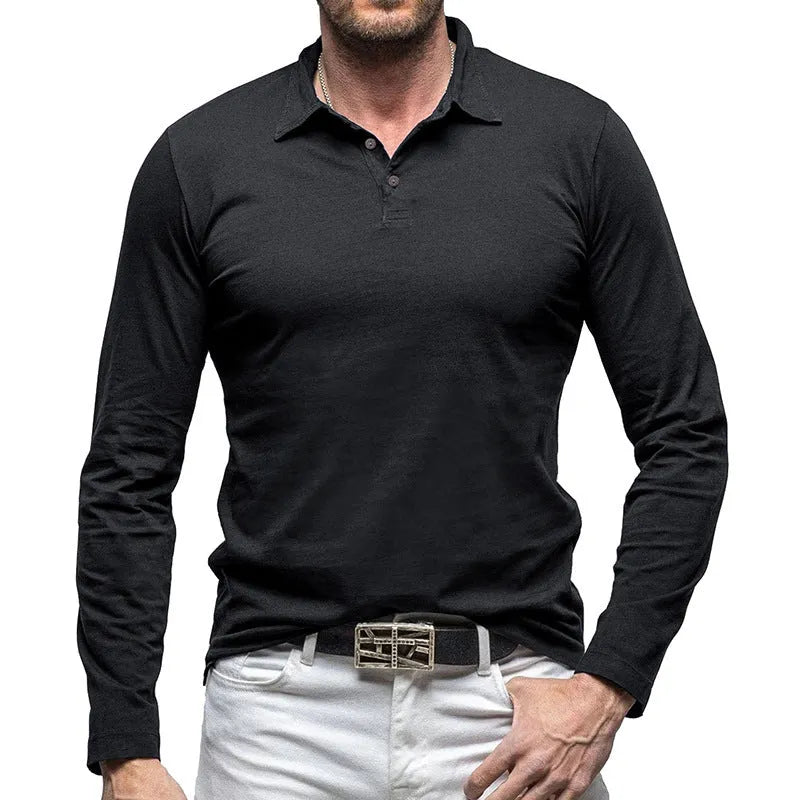 Men's dark grey long sleeve polo collar t-shirt in American retro style laid flat.