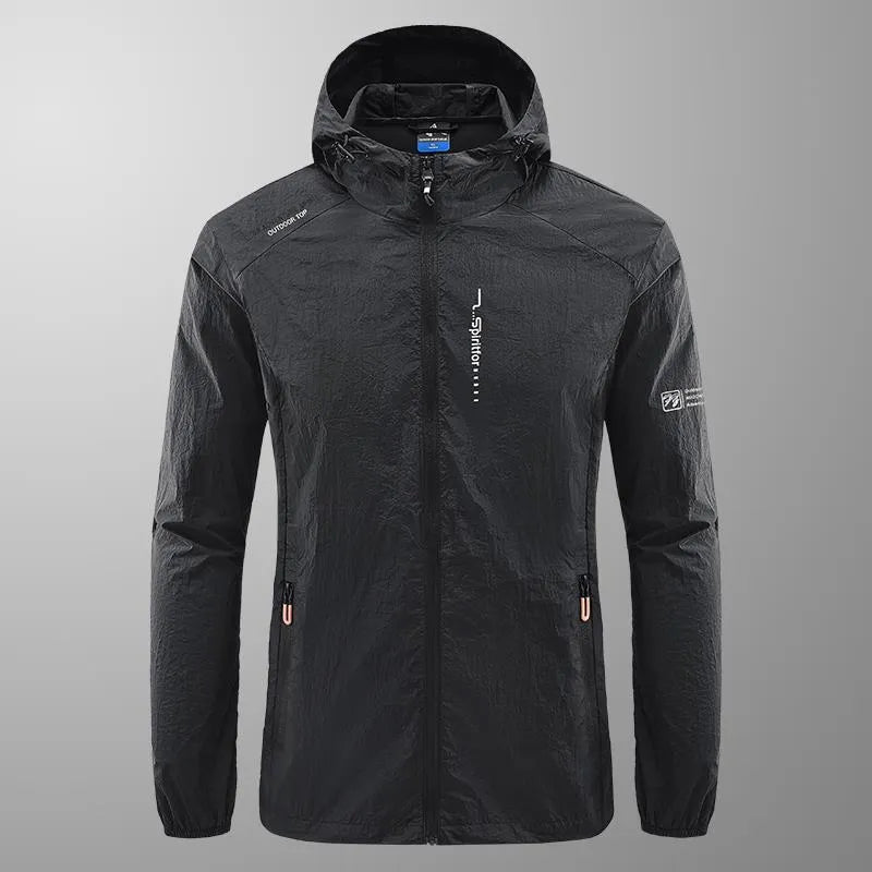 Men's thin nylon hooded summer jacket in light grey colour showing loose fit design