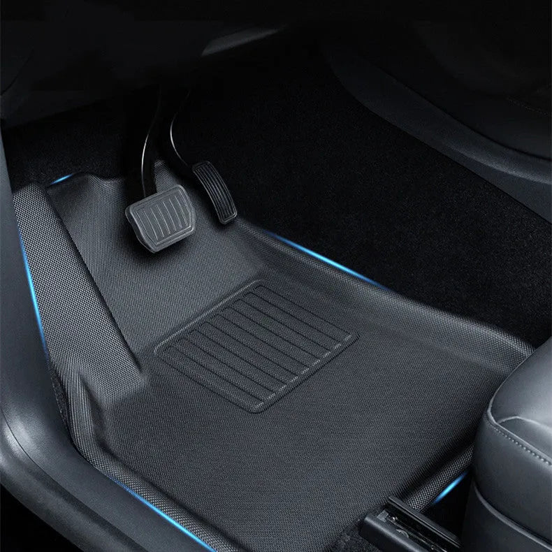 Set of TPR car floor mats for Tesla Model Y, including tailbox and storage box mats, in black