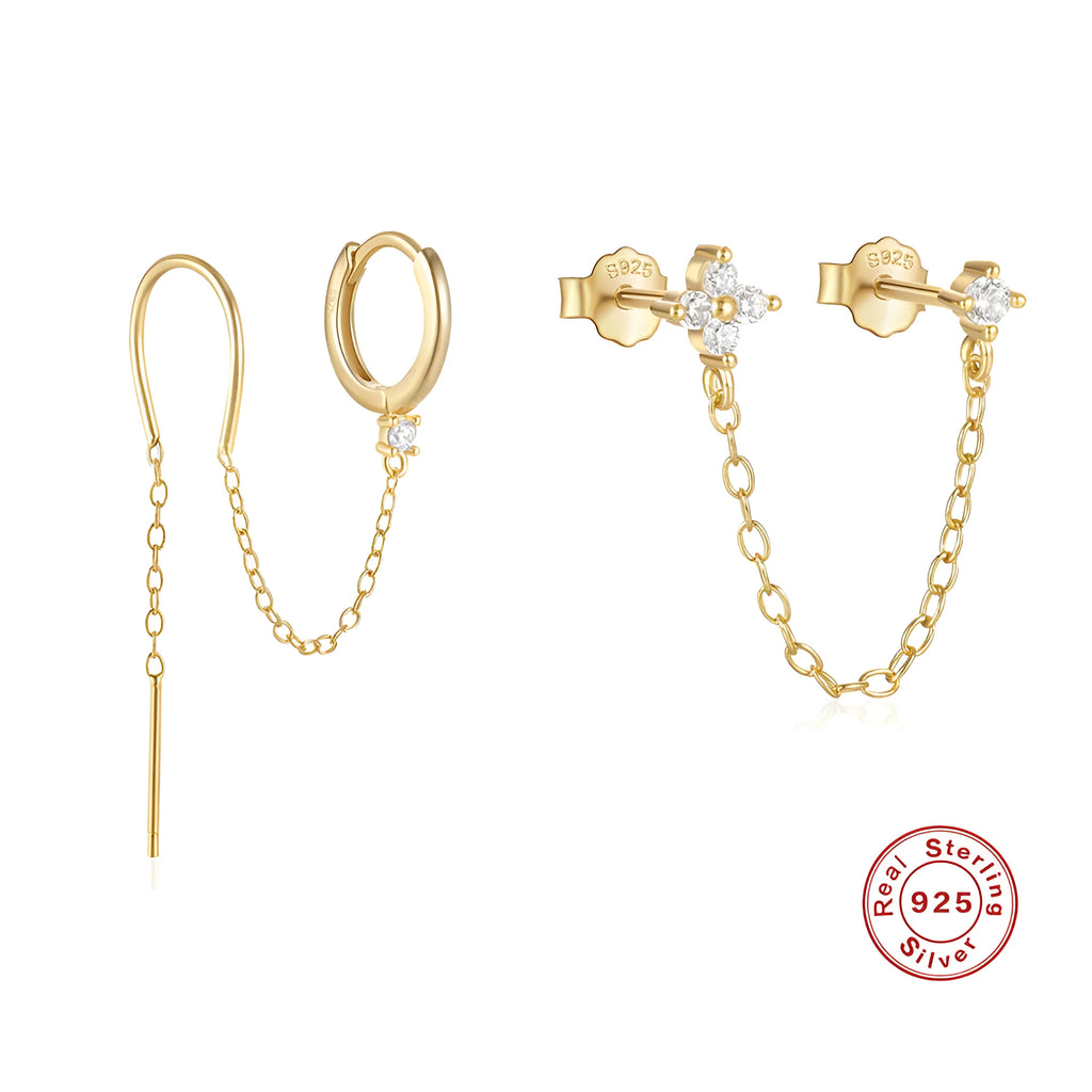 S925 sterling silver geometric drop earrings with flower, tassel, and chain details on an ear clip stud, in a golden tone.