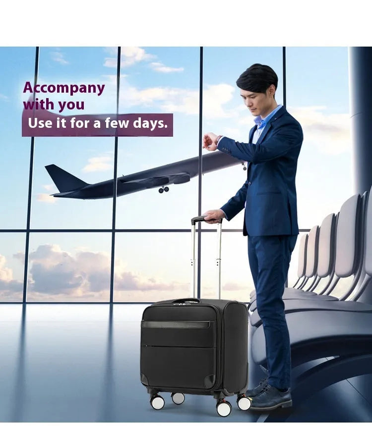 18 inch black Oxford cloth business travel suitcase with universal wheels and retractable handle