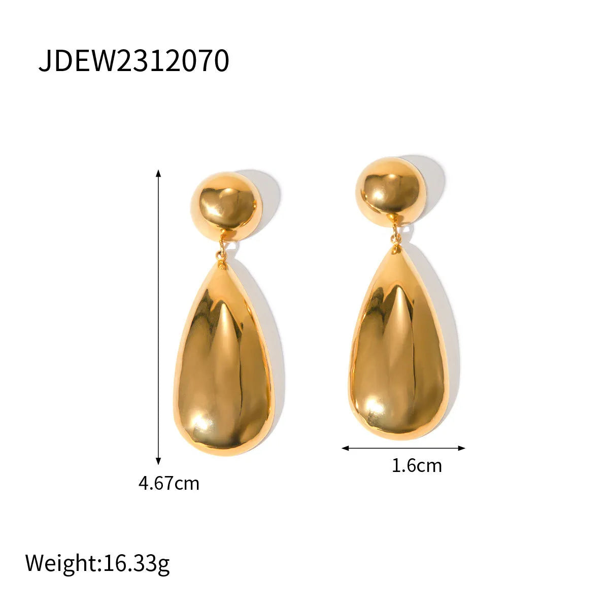 Gold electroplated stainless steel earrings with a geometric hemisphere and water drop pendant.