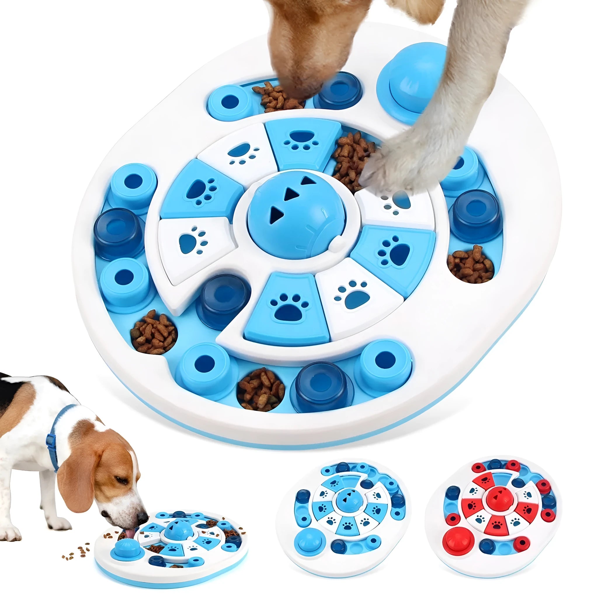 Dog puzzle toy with spherical bells and 24 hidden food compartments in blue and red colours on a light background