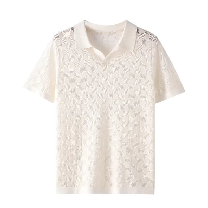 Men's short sleeve business casual lapels sweater in mulberry silk with jacquard texture