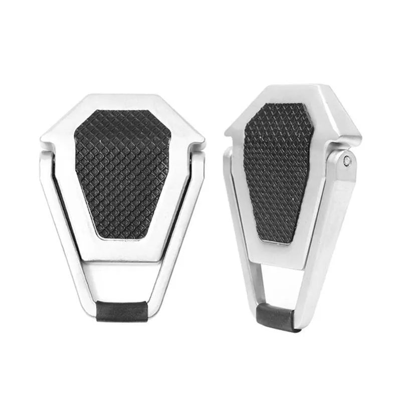 Foldable aluminium laptop bracket in silver colour with compact folded dimensions