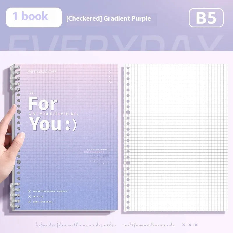 Removable coil notebook with gradient coloured PP plastic cover in blue, green, pink, or purple.