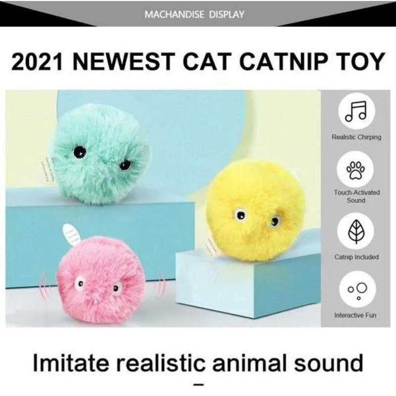 Interactive cat toy ball in blue, pink or yellow with 55mm diameter and animal sound activation