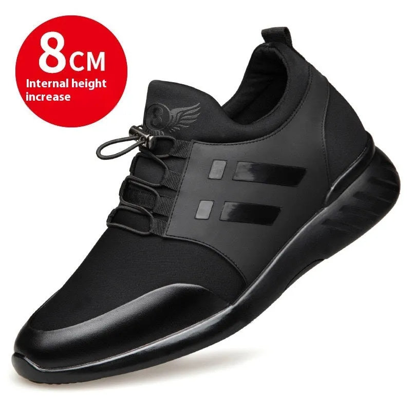 Men's black casual shoes with hidden height increase, available in leather or mesh with a chunky rubber sole.