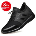 Men's black casual shoes with hidden height increase, available in leather or mesh with a chunky rubber sole.
