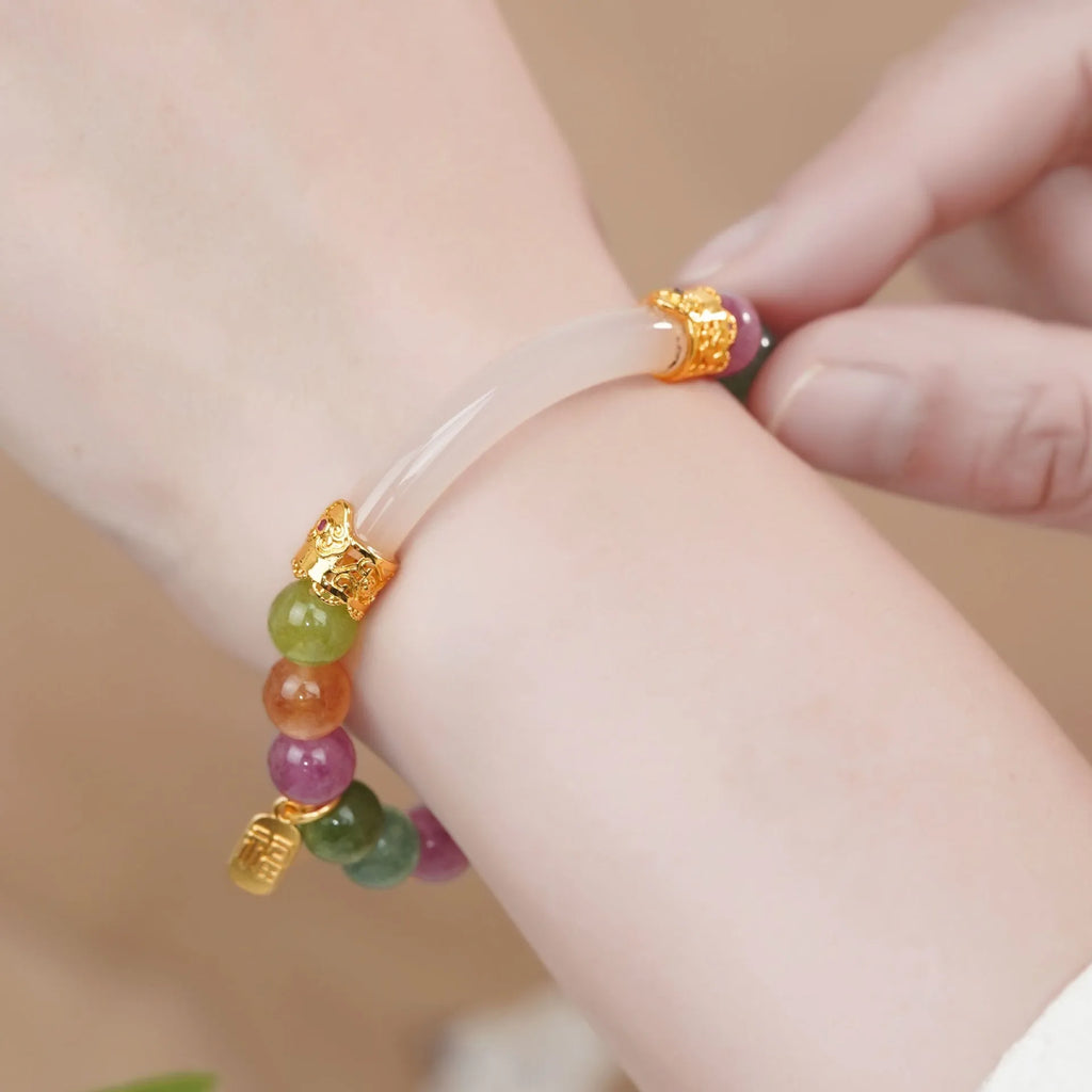Natural jade rainbow tourmaline half bracelet for women electroplated finish