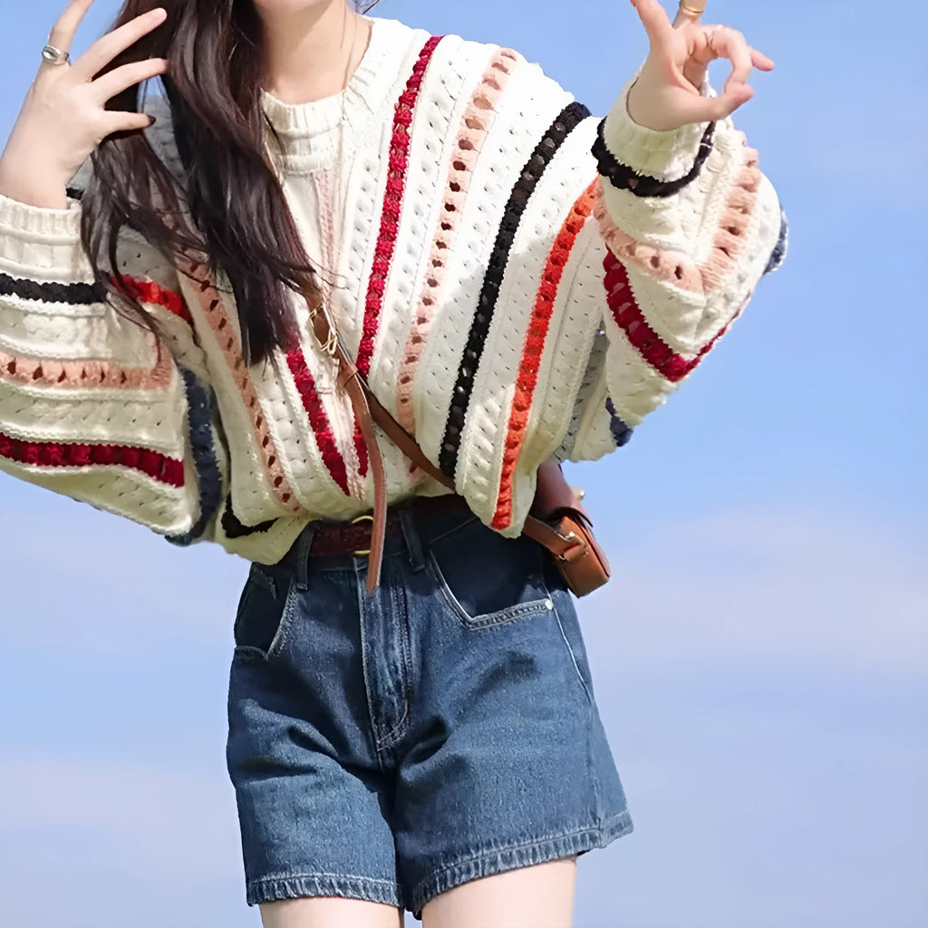 Rainbow striped hollow knit sweater with batwing sleeves in Japanese-Korean casual style