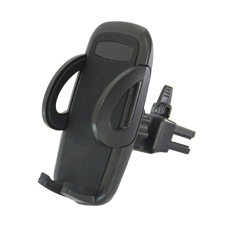 Black plastic car air vent mobile phone holder mounted on vehicle dashboard