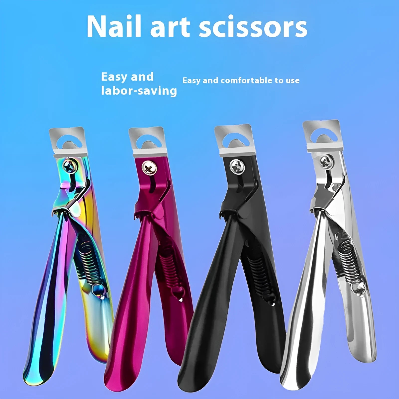 Stainless steel U-shaped French nail art scissors for manicures, shown in electrophoresis black finish.