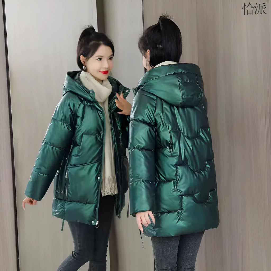 Loose thick hooded winter jacket for women in black, blue, green, or champagne colour