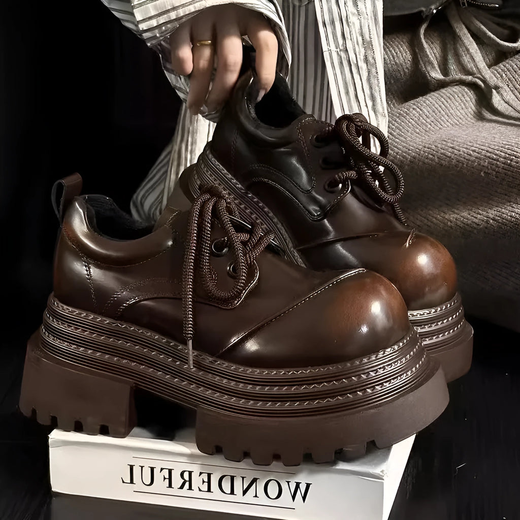 Raise The Bottom black women's platform pumps with block heel, round toe, and front lace-up