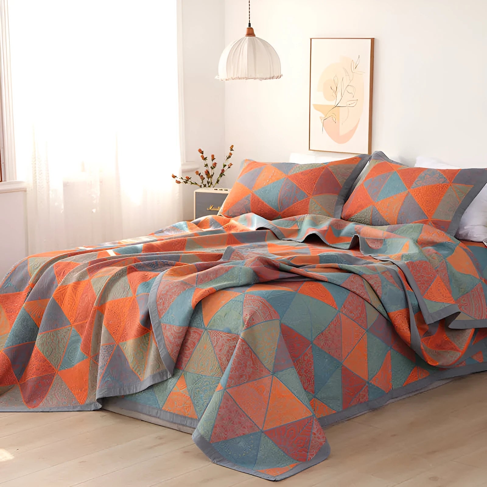 Cotton gauze bed blanket three-piece set with plant and flower pattern design