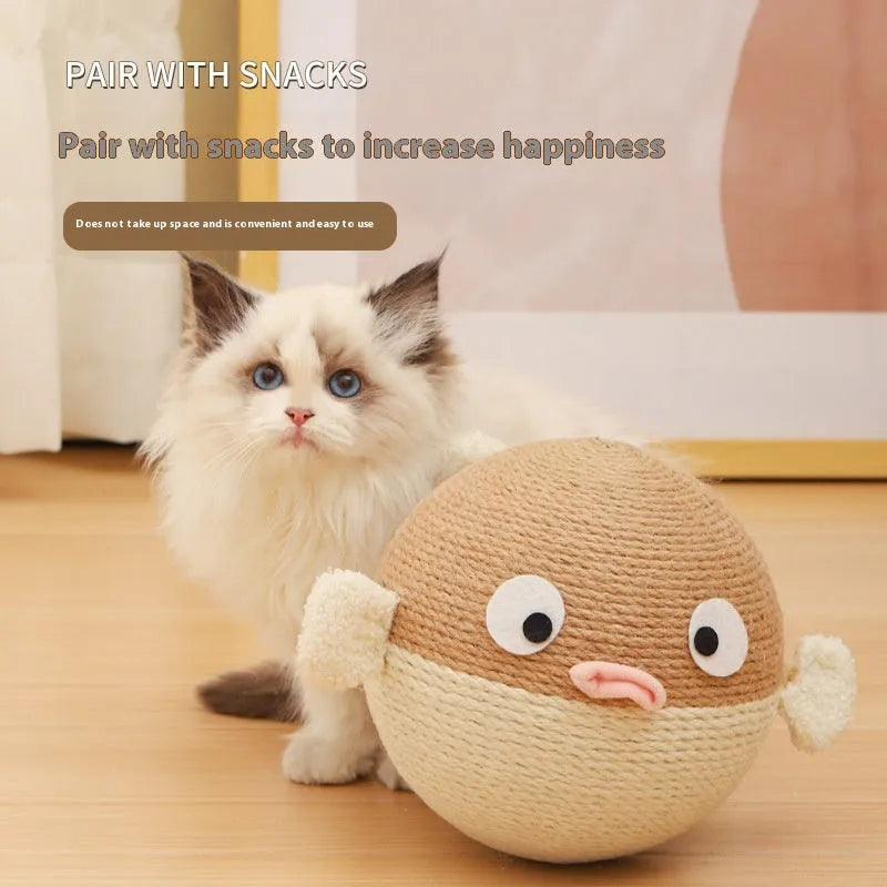 Puffer fish leakage food feeder toy for dogs and cats, 15cm cube made from sisal hemp strip