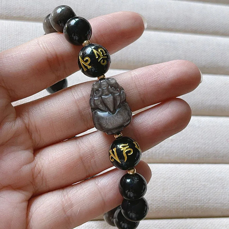 Men's silver stone bracelet with zodiac signs and Chinese proverb beads