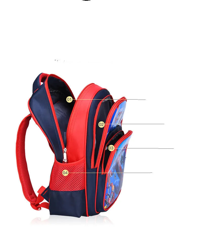 Blue children's nylon backpack with cartoon print, shown with included pencil case.