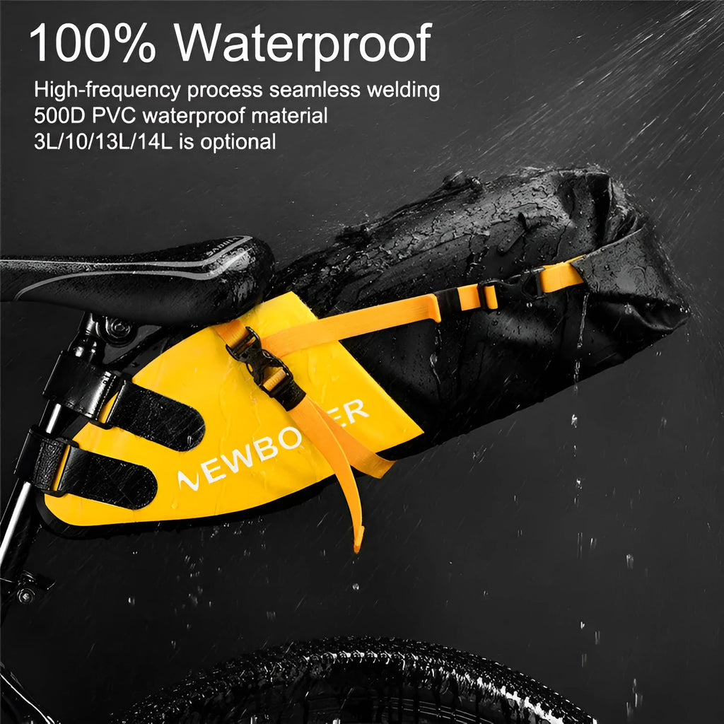 Yellow waterproof PVC cycling tail bag mounted on a bike saddle showing 13L capacity