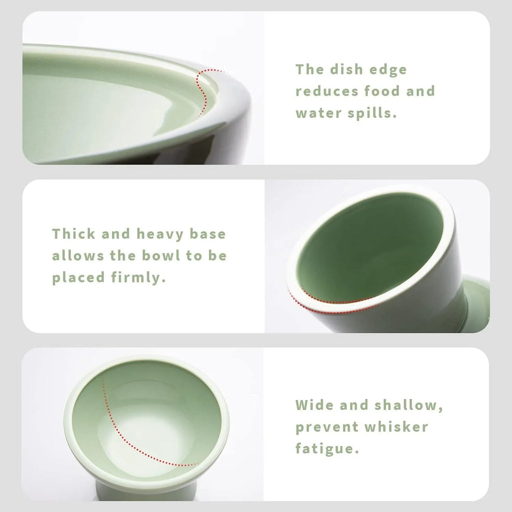 Ceramic elevated cat food bowl in blue, showing wide shallow dish on raised base.