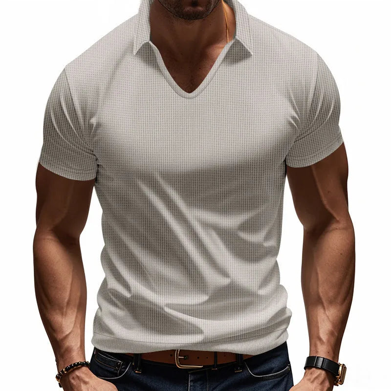 Men's light grey V-neck short sleeve t-shirt with loose fit casual design