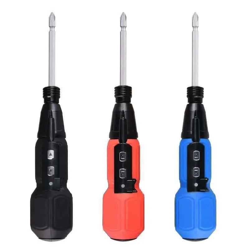 Black and blue alloy steel electric screwdriver with straight handle and rechargeable battery