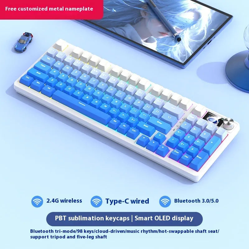 98 key wireless Bluetooth mechanical keyboard with display screen and metal knob