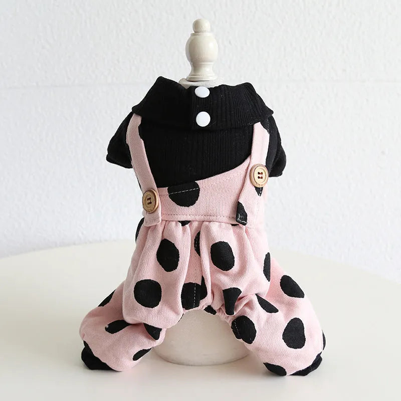 Dog couple clothing outfits in skirt and four-legged styles showing size options from XS to XL