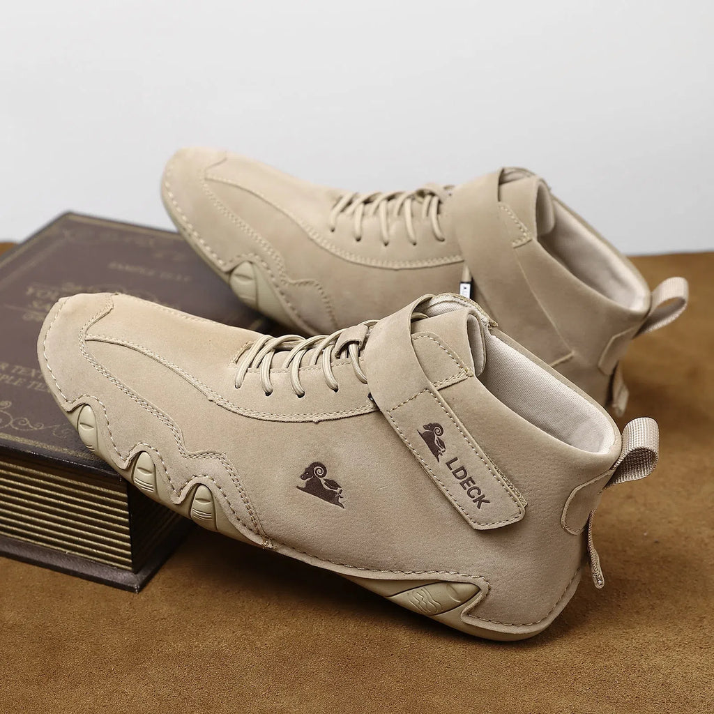 High-top octopus-style Martin boots in solid colour, microfiber upper with stitched seams, round toe, rubber sole