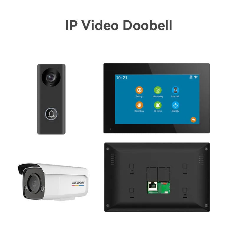 10-inch display and outdoor unit of a wired 1080P video intercom doorbell system with installation tools.