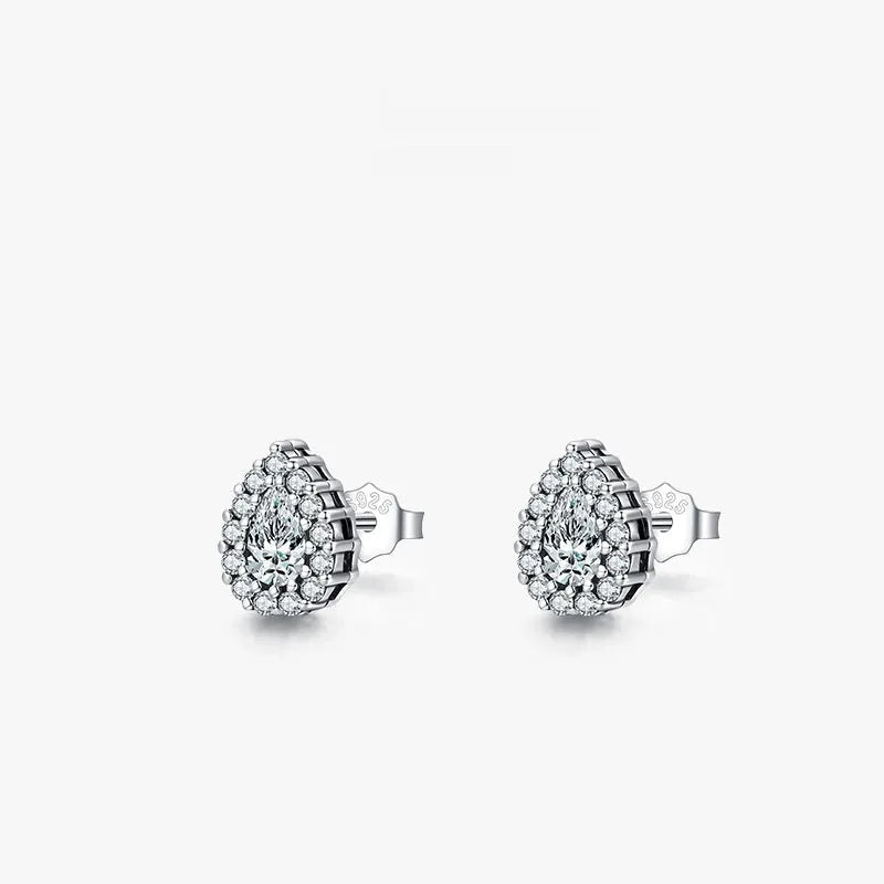 Women's silver drop ear studs with diamond finish on 925 sterling silver