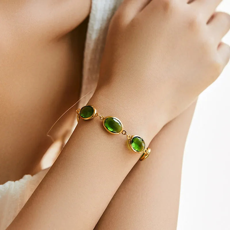 Copper inlay glass geometry bracelet with ellipse motif in blue green multicolor for women fashion OL style
