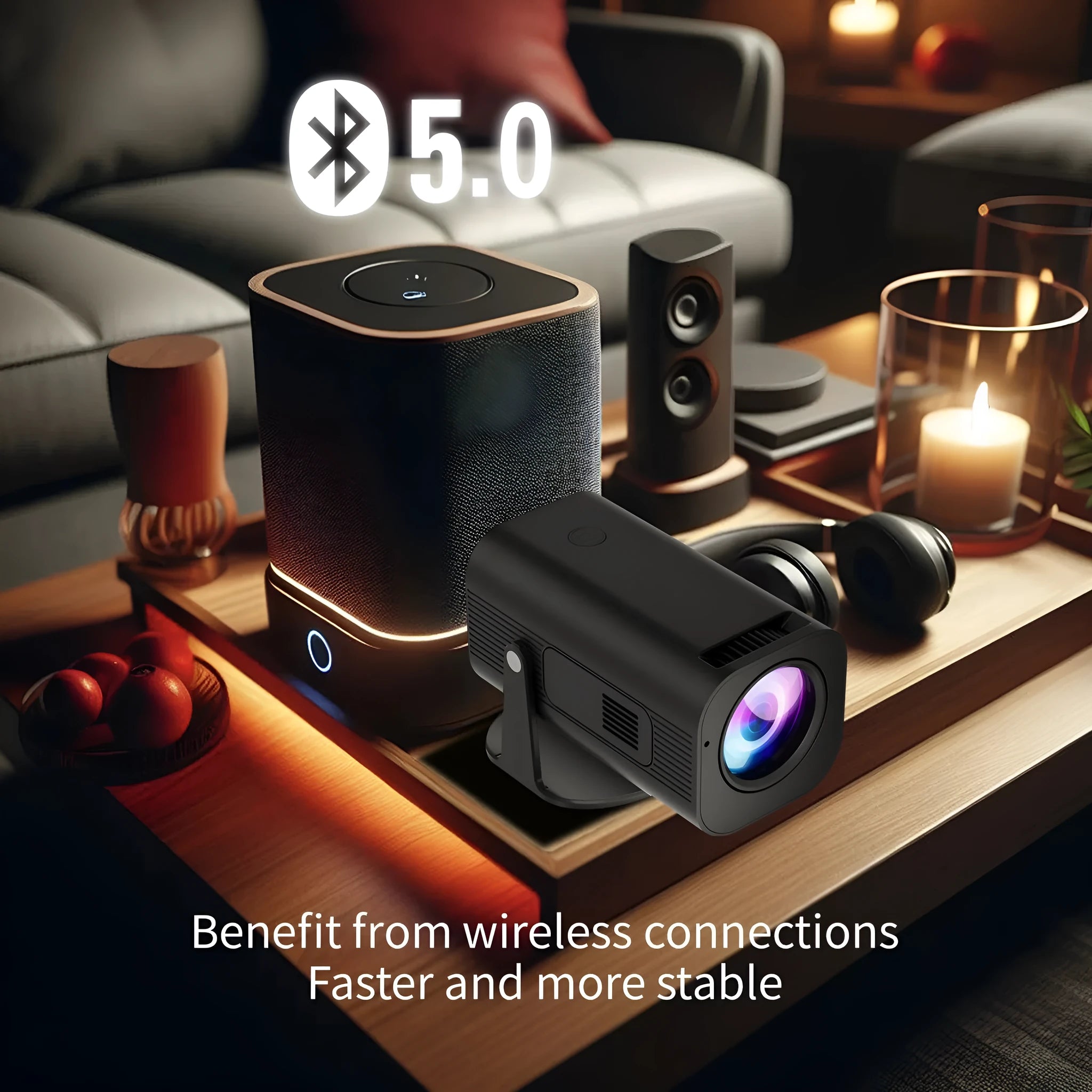 P330 black and white portable mini projector on a table with remote control.