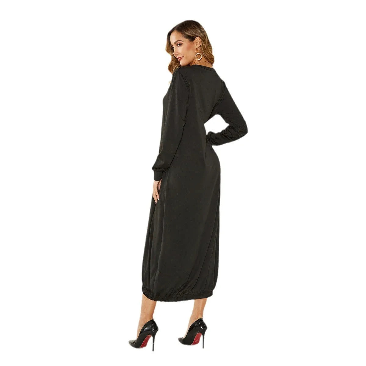 Black lantern dress with lace-up crew neck and loose silhouette casual style