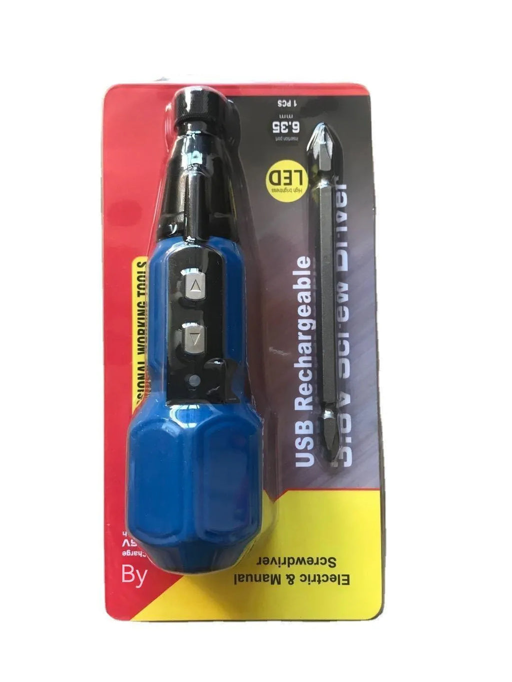 Black and blue alloy steel electric screwdriver with straight handle and rechargeable battery