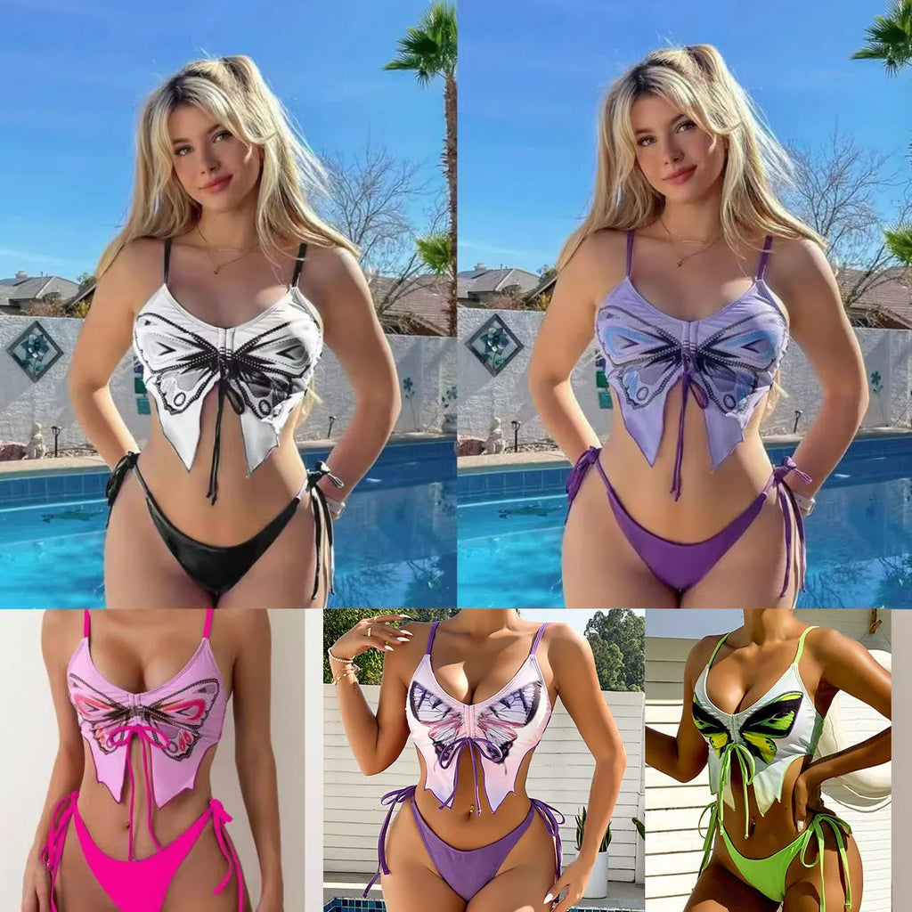Purple women's bikini suit with bow ins style detail, showing sleeveless top and high-leg briefs.