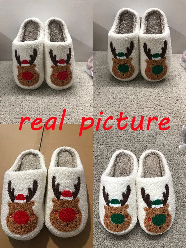 Christmas winter home slippers with elk totem design, plush upper, anti-slip sole, in red and green