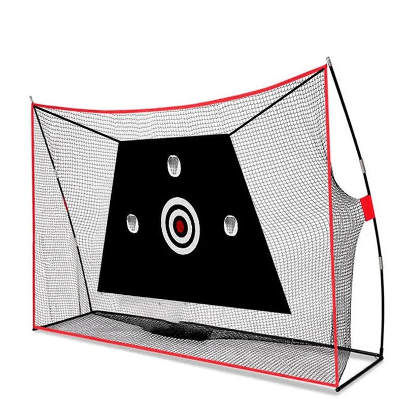 Golf swing wedge training net with 3-hole cross net and straw mat practice area