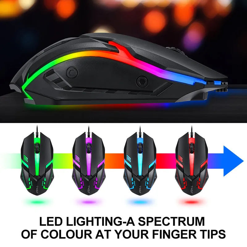 Wired gaming keyboard and mouse set with headset and mouse pad arranged on desk