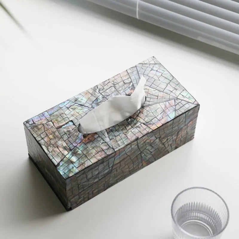Natural shell tissue box storage container in modern design with removable organisation insert