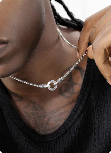 Polished S925 sterling silver necklace with a small pendant on a fine chain, shown at clavicle length.