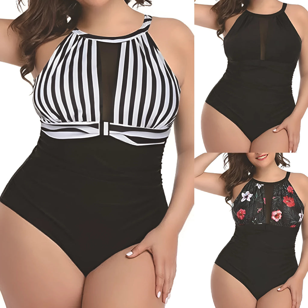 Women's black one-piece swimsuit with lace detailing on mannequin showing front and back views