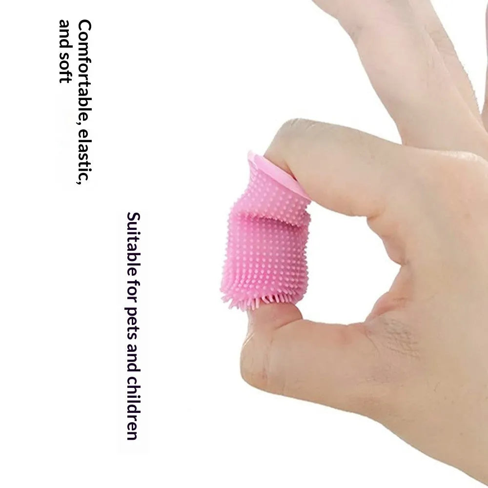 360-degree silicone finger toothbrush for dogs and cats in blue with soft bristles on a white background