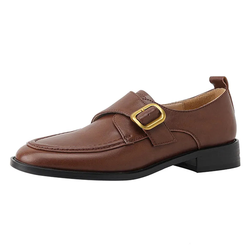 Women's casual round toe mid heel leather shoes with belt buckle in black and brown